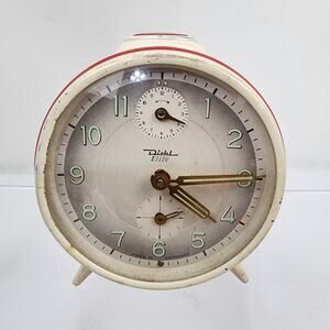 Vintage Red White Metal Diehl Made in Germany Wind up Alarm Clock - works